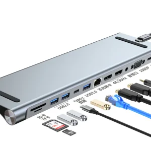 1 till 12 USB-C dockingsstation för tredubbla monitorer 2xHDMI 4K30Hz, 1xVGA, USB-C PD 100W, Thunderbolt 3 & 4