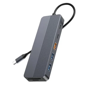 NÖRDIC 1 till 12 USB-C Dockningsstation för Dubbla skärmar, 1xHDMI 4K60Hz, 1xDP 4K60Hz, 1xUSB-C PD 100W,  2xUSB-C, 3xUSB-A, med Ethernet