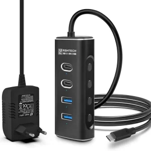 4-port Powered USB-C Hub 10Gbps with 2 USB-A & 2 USB-C Data Ports