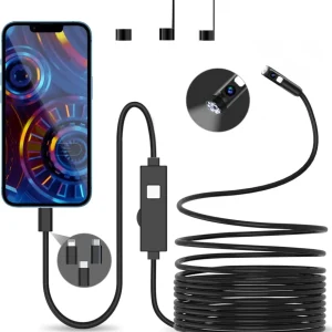 NÖRDIC Endoskopkamera med dubbla lenser för mobiltelefon med ljus, 1080P HD, 8 LED-lampor, vattentät IP67, inget WiFi krävs, Android och iOS